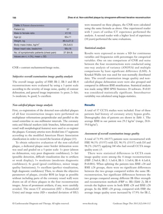 106 Zhao et al. Non-calcified plaque by sinogramm-affirmed iterative reconstruction
© Cardiovascular Diagnosis and Therapy. All rights reserved. Cardiovasc Diagn Ther 2015;5(2):104-112www.thecdt.org
CNR = contrast enchantment/image noise.
Subjective overall examination image quality analysis
The overall image quality of FBP, IR-2, IR-3 and IR-4
reconstructions were evaluated by using a 5-point scale
according to the severity of image noise, quality of contour
delineation, and general image impression: 1= poor; 2= fair;
3= moderate; 4= good; 5= excellent.
Non-calcified plaque image analysis
First, co-registration of the detected non-calcified plaques
of all four reconstruction images were performed on
multiplanar reformations perpendicular and parallel to the
vessel centerline in one-millimeter intervals. The coronary
ostia and fiducial markers (side branches, bifurcations and
vessel wall morphological features) were used to co-register
the plaques. Coronary arteries were divided into 17 segments
according to the modified American Heart Association
classification in order to record the location of plaque (13).
To obtain subjective evaluation of the non-calcified
plaque, a dedicated plaque outer border delineation score
was used and graded on a 5-point scale: 1= poor (almost
no delineation, very poor diagnostic confidence); 2= fair
(possible detection, difficult visualization due to artifacts
or weak display); 3= moderate (moderate diagnostic
confidence); 4= good (good confidence, minor image
quality limitations); 5= excellent (perfect visualization,
high diagnostic confidence) Then, to obtain the objective
parameters of plaque, circular ROI (as large as possible
without including parts of the coronary vessel wall) were
drawn on all of these plaques in the four reconstruction
images. Areas of prominent artifacts, if any, were carefully
avoided. The mean CT attenuation (HU = Hounsfield
Units) and image noise (SD = standard deviation of HU)
were measured on these plaques, the CNR were calculated
using the same formula as above. One experienced reader
with 5 years of cardiac CT experience performed the
analysis. A second reader with a higher level of experience
(10 years) performed the same evaluations.
Statistical analysis
Results were expressed as means ± SD for continuous
variables and frequencies with percentages for categorical
variables. One on one comparison of CNR and noise
between the four reconstructions were conducted using
one-way analysis of variance (ANOVA) and multiple
comparisons by least significant difference (LSD). A
Kruskal-Wallis test was used for non-normally distributed
data. The overall examination image quality and non-
calcified plaque delineation score were also grouped and
compared in different BMI stratification. Statistical analysis
was made using IBM SPSS Statistics 20 software. P<0.05
was considered statistically significant. Interobserver
variability was calculated using kappa-statistics.
Results
A total of 57 CCTA studies were included. Four of these
patients had history of coronary artery bypass grafts.
Demographic data of patients are shown in Table 1. The
average BMI in our patient was 29.2 kg/m2
(range, 20.0-
59.0 kg/m2
).
Assessment of overall examination image quality
A total of 71.9% (41/57) patients were reconstructed with
FBP, 96.5% (55/57) with I2f, 96.5% (55/57) with I3f and
98.2% (56/57) applying I4f who had overall CCTA image
quality score ≥3.
There were statistical differences in CCTA exam
image quality score among the 4 image reconstructions
(FBP: 2.9±0.4, IR-2: 3.3±0.4, IR-3: 3.5±0.4, IR-4: 4.1±0.4,
P<0.001). When splitting the patients into BMI <28 and
BMI ≥28 groups, there were no significant differences
between the two groups compared within the same IR-
reconstruction, but significant differences between the
two groups compared among different IR-filter strength
and reconstruction methods (FBP vs. IR) (Table 2), IR-4
reveals the highest score in both BMI <28 and BMI ≥28
groups. In the BMI <28 group, compared with FBP, the
average image quality score increased by 17.9% for IR-2,
Table 1 Patient characteristics
Patient (n) 57
Male to female ratio 41:16
Age (y) 60±11
Weight, kg 89.4±21.0
Body mass index, kg/m2
29.2±6.5
Mean heart rate, beats/min 69±16
No. of symptomatic patients (chest pain) 37 (64.9)
Values are n, n (%), mean ± SD.
 