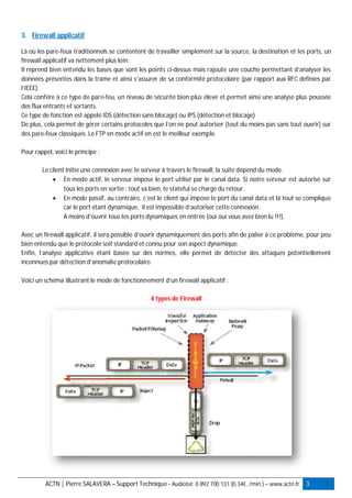 ACTN | Pierre SALAVERA – Support Technique - Audiotel: 0 892 700 131 (0.34€, /min.) – www.actn.fr 3
3. Firewall applicatif
Là où les pare-feux traditionnels se contentent de travailler simplement sur la source, la destination et les ports, un
firewall applicatif va nettement plus loin.
Il reprend bien entendu les bases que sont les points ci-dessus mais rajoute une couche permettant d’analyser les
données présentes dans la trame et ainsi s’assurer de sa conformité protocolaire (par rapport aux RFC définies par
l’IEEE).
Cela confère à ce type de pare-feu, un niveau de sécurité bien plus élevé et permet ainsi une analyse plus poussée
des flux entrants et sortants.
Ce type de fonction est appelé IDS (détection sans blocage) ou IPS (détection et blocage)
De plus, cela permet de gérer certains protocoles que l’on ne peut autoriser (tout du moins pas sans tout ouvrir) sur
des pare-feux classiques. Le FTP en mode actif en est le meilleur exemple.
Pour rappel, voici le principe :
Le client initie une connexion avec le serveur à travers le firewall, la suite dépend du mode.
 En mode actif, le serveur impose le port utilisé par le canal data. Si notre serveur est autorisé sur
tous les ports en sortie : tout va bien, le stateful se charge du retour.
 En mode passif, au contraire, c’est le client qui impose le port du canal data et là tout se complique
car le port étant dynamique, il est impossible d’autoriser cette connexion.
A moins d’ouvrir tous les ports dynamiques en entrée (oui oui vous avez bien lu !!!).
Avec un firewall applicatif, il sera possible d’ouvrir dynamiquement des ports afin de palier à ce problème, pour peu
bien entendu que le protocole soit standard et connu pour son aspect dynamique.
Enfin, l’analyse applicative étant basée sur des normes, elle permet de détecter des attaques potentiellement
inconnues par détection d’anomalie protocolaire.
Voici un schéma illustrant le mode de fonctionnement d’un firewall applicatif :
4 types de Firewall
 