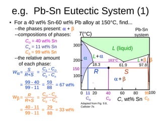 L+
L+
 + 
200
T(°C)
18.3
C, wt% Sn
20 60 80 1000
300
100
L (liquid)
 183°C
61.9 97.8

• For a 40 wt% Sn-60 wt% Pb alloy at 150°C, find...
--the phases present: Pb-Sn
system
e.g. Pb-Sn Eutectic System (1)
 + 
--compositions of phases:
CO = 40 wt% Sn
--the relative amount
of each phase:
150
40
Co
11
C
99
C
SR
C = 11 wt% Sn
C = 99 wt% Sn
W=
C - CO
C - C
=
99 - 40
99 - 11
=
59
88
= 67 wt%
S
R+S
=
W =
CO - C
C - C
=
R
R+S
=
29
88
= 33 wt%=
40 - 11
99 - 11
Adapted from Fig. 9.8,
Callister 7e.
 