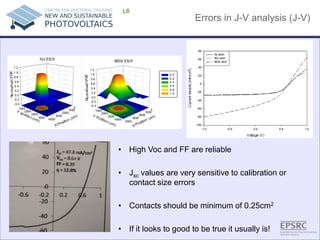 Errors in J-V analysis (J-V) 
L6 
• 
High Voc and FF are reliable 
• 
Jsc values are very sensitive to calibration or contact size errors 
• 
Contacts should be minimum of 0.25cm2 
• 
If it looks to good to be true it usually is!  