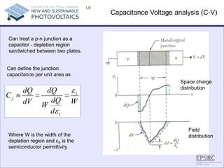 Capacitance Voltage analysis (C-V) 
L6 
Field 
distribution 
Space charge 
distribution 
WddQWdQdVdQCssj εε ==≡ 
Can define the junction capacitance per unit area as 
Where W is the width of the depletion region and εS is the semiconductor permittivity 
Can treat a p-n junction as a capacitor - depletion region sandwiched between two plates.  