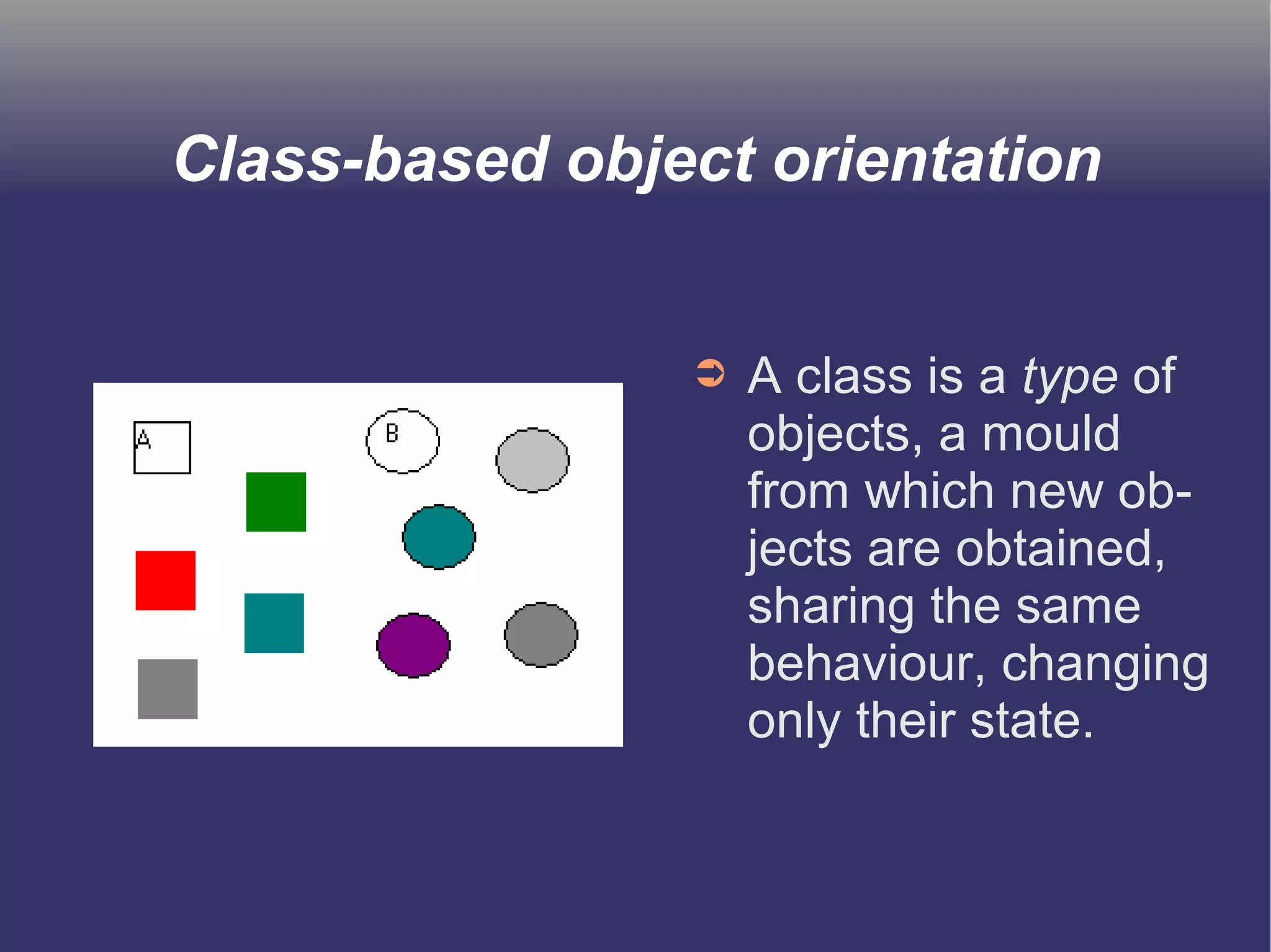 Class-based object orientation 
➲ A class is a type of 
objects, a mould 
from which new ob-jects 
are obtained, 
sharing the same 
behaviour, changing 
only their state. 
 