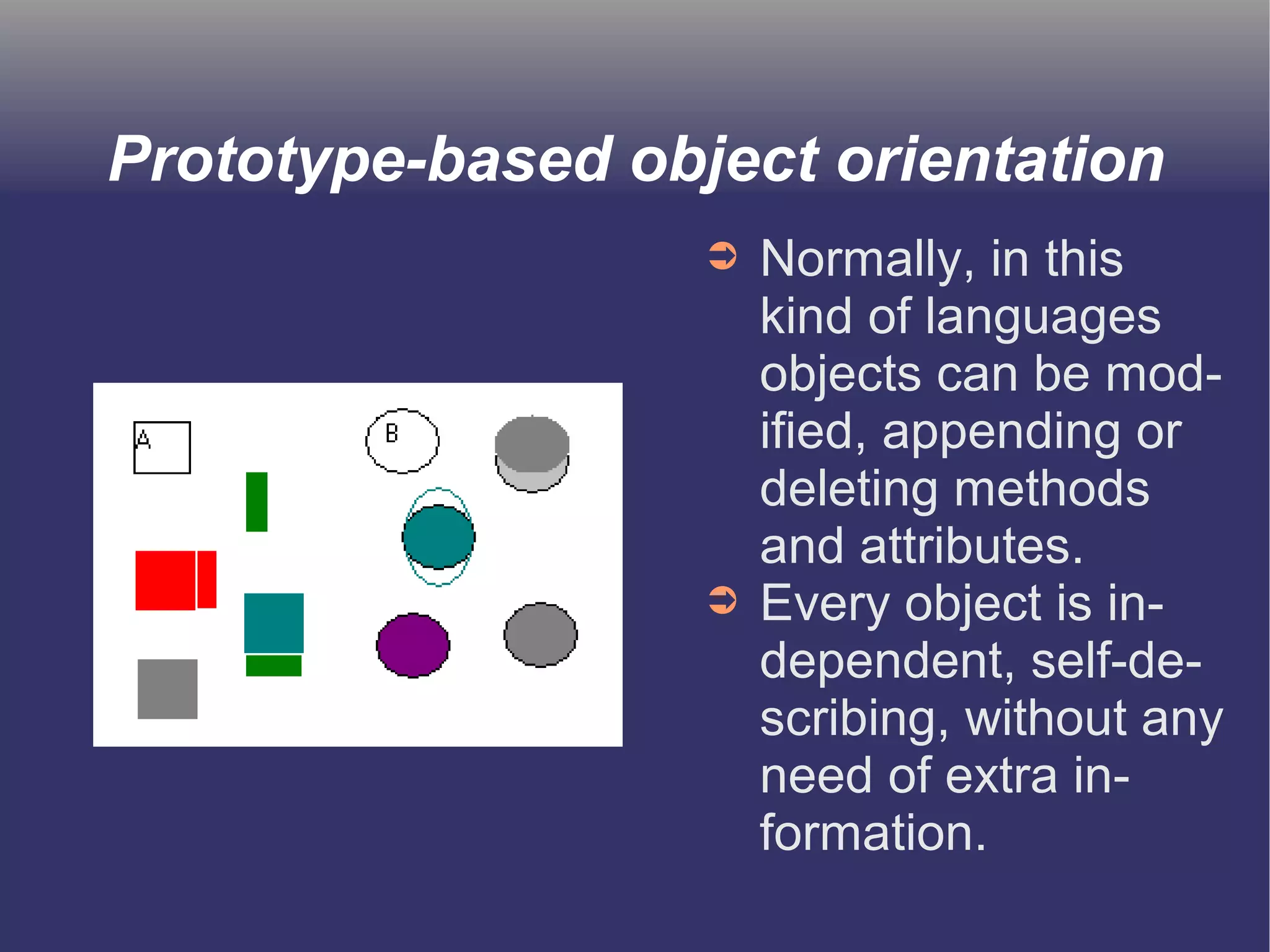 Prototype-based object orientation 
➲ Normally, in this 
kind of languages 
objects can be mod-ified, 
appending or 
deleting methods 
and attributes. 
➲ Every object is in-dependent, 
self-de-scribing, 
without any 
need of extra in-formation. 
 