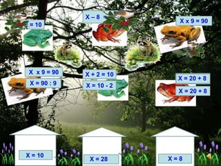 X + 2 = 10 
X x 9 = 90 
X – 8 = 20 
X x 9 = 90 
X = 90 : 9 
X = 20 + 8 
– 8 = 20 
X = 20 + 8 
X + 2 = 10 
X = 10 - 2 
X = 8 
X = 28 
= 90 : 9 
X = 10 
 