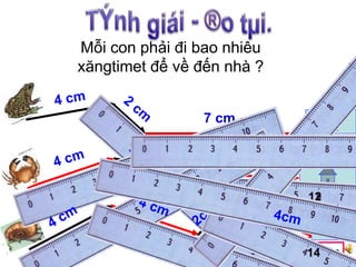 13 cm 
..... cm 
..... cm 
Mỗi con phải đi bao nhiêu 
xăngtimet để về đến nhà ? 
7 cm 
5 cm 
12 
14 
 