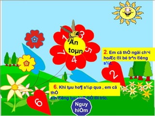 2. Em cã thÓ ngåi ch¬i 
hoÆc ®i bé trªn ®êng 
s¾t. 
6. Khi tμu ho¶ s¾p qua , em cã 
thÓ 
xin ®êng tμu ho¶ ®Ó ®i tríc. 
Nguy 
hiÓm 
 