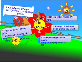 3.Kh«ng nÐm ®Êt ®¸ lªn 
tμu 
5. Kh«ng cè ý vît qua 
®êng tμu khi tμu s¾p tíi 
4. Khi qua ®êng s¾t c¾t 
ngang 
®êng bé em ph¶i quan s¸t 
kÜ. 
 
