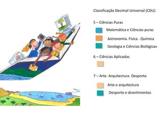 Classificação Decimal Universal (CDU)5 – Ciências PurasMatemática e Ciências purasAstronomia. Física . QuímicaGeologia e Ciências Biológicas6 – Ciências Aplicadas7 – Arte. Arquitectura. DesportoArte e arquitecturaDesporto e divertimentos
