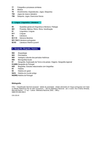 77 Fotografia e processos similares
78 Música
79 Divertimentos. Espectáculos. Jogos. Desportos
794 Jogos de mesa e tabuleiro
796 Desporto. Jogos. Exercícios físicos
8 – Língua. Linguística. Literatura
80 Questões gerais em linguística e literatura. Filologia
801 Prosódia. Métrica. Ritmo. Rima. Versificação
81 Linguística. Línguas
811 Línguas
82 Literatura
82-1/-9 Géneros literários
821.134.3 Literatura portuguesa
82-93 Literatura infantil e juvenil
9 – Geografia. Biografia. História
902 Arqueologia
903 Pré-História
904 Vestígios culturais dos períodos históricos
908 Monografias locais
91 Geografia. Exploração da Terra e de países. Viagens. Geografia regional
91(469) Geografia de Portugal
929 Biografias. Estudos relacionados com biografias
93 História
94 História em geral
94(3) História do mundo antigo
94(469) História de Portugal
Bibliografia
CDU – Classificação Decimal Universal : tabela de autoridade : edição abreviada em língua portuguesa com base
no Master Reference File do UDC Consortium. – [Ed lit.] Biblioteca Nacional ; sel. e coord. Ana Cristina Almeida,
Manuela Santos. – 3.ª ed. – Lisboa : Biblioteca Nacional, 2005. – 896 p.
ISBN 972-565-395-5
CDU 025.45
 