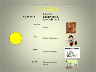 CLASSE 8 AGRUPAMENTO VERTICAL DE S. LOURENÇO - EB1/JI DA COSTA - BIBLIOTECA ESCOLAR "O NINHO DOS  LIVROS" CLASSE: 8 LÍNGUA, LTERATURA, LINGUÍSTICA 82-1(P) Poesia 82-3 Conto, Aventuras... 82-90 Banda Desenhada 82-93 Literatura Infanto-juvenil 
