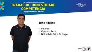 JOÃO RIBEIRO
• 55 anos
• Operário Têxtil
• Natural de Selho S. Jorge
 