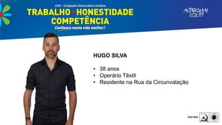 HUGO SILVA
• 38 anos
• Operário Têxtil
• Residente na Rua da Circunvalação
 