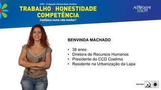 BENVINDA MACHADO
• 38 anos
• Diretora de Recursos Humanos
• Presidente do CCD Coelima
• Residente na Urbanização da Lapa
 