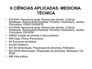 6 CIÊNCIAS APLICADAS. MEDICINA. TÉCNICA 631/63/41 Agronomia geral. Doença das plantas. Culturas herbáceas. Arboricultura.Florestas. Pomares. Horticultura. Jardins. Floricultura. VÍDEO CASSETE 631/63/42 Agronomia geral. Doença das plantas. Culturas herbáceas. Arboricultura.Florestas. Pomares. Horticultura. Jardins. Floricultura. CD-ROM 636/63 Criação de animais e seus produtos. 639 Caça. Pesca. Piscicultura. 64 Economia doméstica 64.024 Hotelaria 641.64 Alimentação. Preparação de alimentos. Refeições. 641.64/42 Alimentação. Preparação de alimentos. Refeições. CD-ROM 646 Vida prática. 