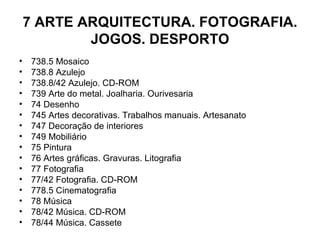 7 ARTE ARQUITECTURA. FOTOGRAFIA. JOGOS. DESPORTO 738.5 Mosaico 738.8 Azulejo 738.8/42 Azulejo. CD-ROM 739 Arte do metal. Joalharia. Ourivesaria 74 Desenho 745 Artes decorativas. Trabalhos manuais. Artesanato 747 Decoração de interiores 749 Mobiliário 75 Pintura 76 Artes gráficas. Gravuras. Litografia 77 Fotografia 77/42 Fotografia. CD-ROM 778.5 Cinematografia 78 Música 78/42 Música. CD-ROM 78/44 Música. Cassete 