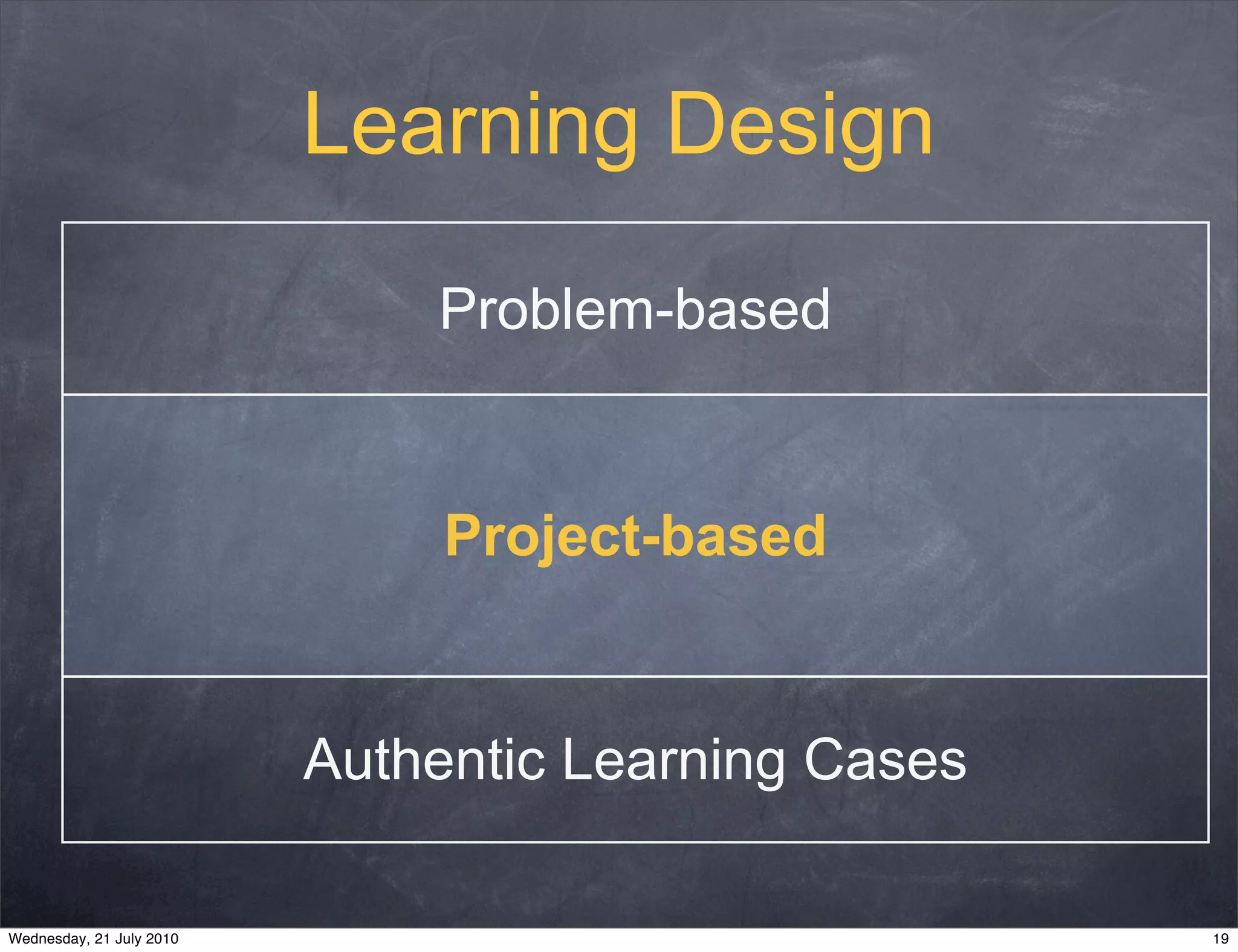 Learning Design

                              Problem-based


                               Project-based


                          Authentic Learning Cases

Wednesday, 21 July 2010                              19
 