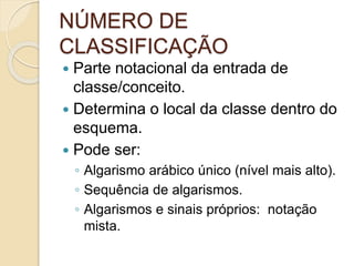 NÚMERO DE
CLASSIFICAÇÃO
 Parte notacional da entrada de
classe/conceito.
 Determina o local da classe dentro do
esquema.
 Pode ser:
◦ Algarismo arábico único (nível mais alto).
◦ Sequência de algarismos.
◦ Algarismos e sinais próprios: notação
mista.
 