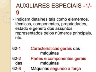 AUXILIARES ESPECIAIS -1/-
9
 Indicam detalhes tais como elementos,
técnicas, componentes, propriedades,
estado e gênero dos assuntos
representados pelos números principais,
etc.
62-1 Características gerais das
máquinas
62-2 Partes e componentes gerais
das máquinas
62-8 Máquinas segundo a força
 