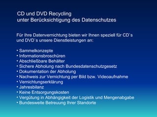CD und DVD Recycling  unter Berücksichtigung des Datenschutzes ,[object Object],[object Object],[object Object],[object Object],[object Object],[object Object],[object Object],[object Object],[object Object],[object Object],[object Object],[object Object],[object Object]