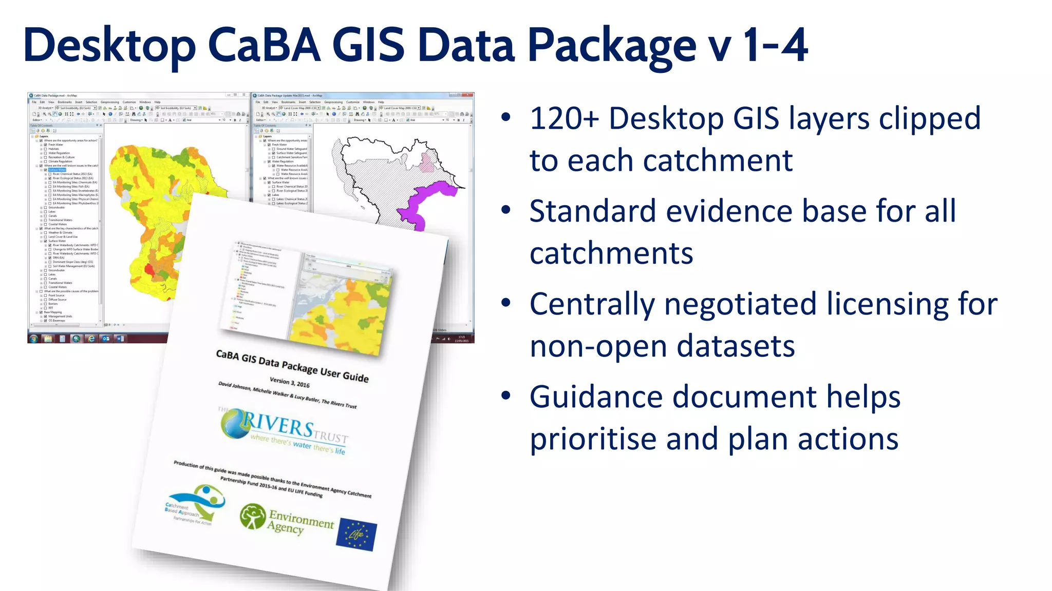 Desktop CaBA GIS Data Package v 1-4
• 120+ Desktop GIS layers clipped
to each catchment
• Standard evidence base for all
catchments
• Centrally negotiated licensing for
non-open datasets
• Guidance document helps
prioritise and plan actions
 