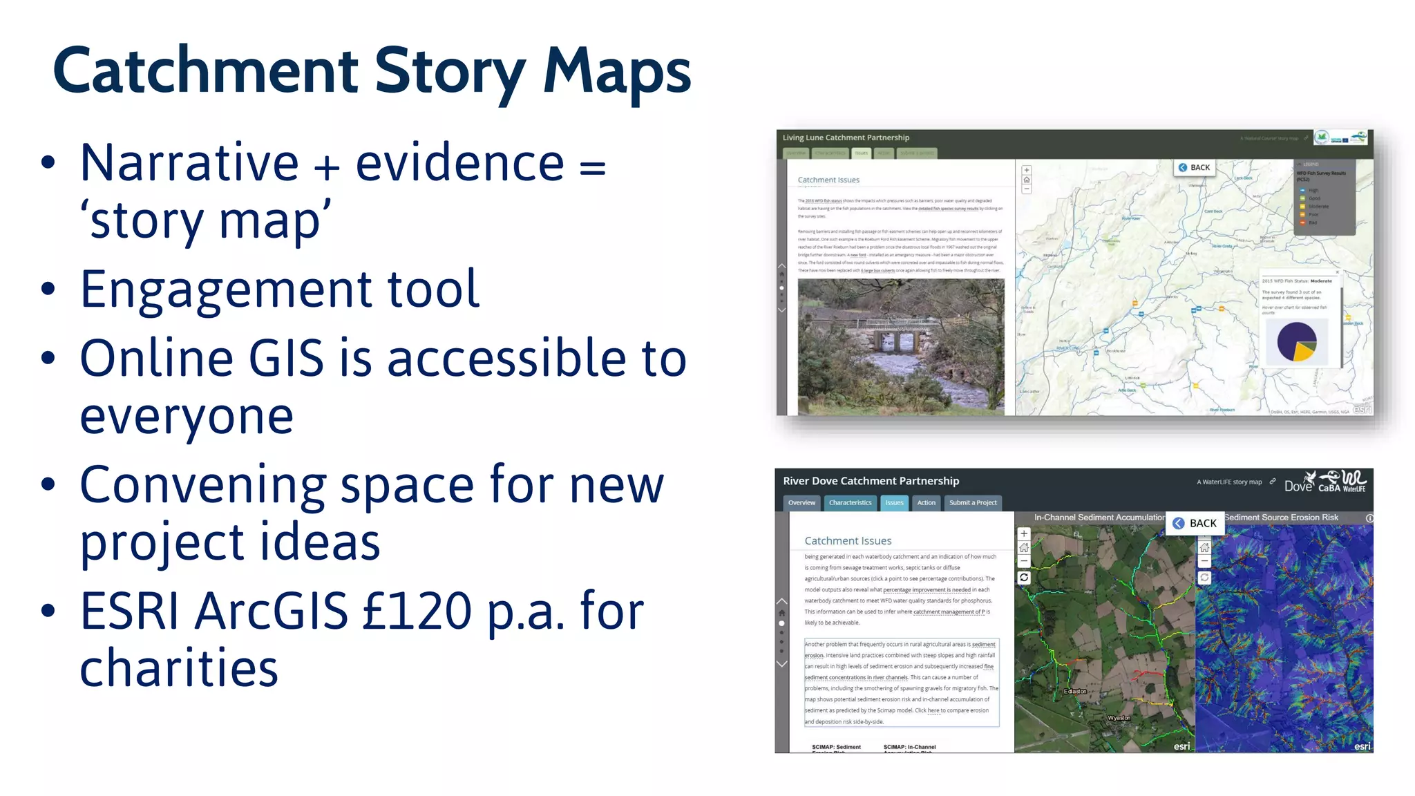 Catchment Story Maps
• Narrative + evidence =
‘story map’
• Engagement tool
• Online GIS is accessible to
everyone
• Convening space for new
project ideas
• ESRI ArcGIS £120 p.a. for
charities
 
