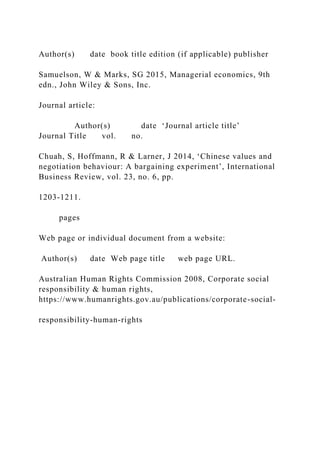Author(s) date book title edition (if applicable) publisher
Samuelson, W & Marks, SG 2015, Managerial economics, 9th
edn., John Wiley & Sons, Inc.
Journal article:
Author(s) date ‘Journal article title’
Journal Title vol. no.
Chuah, S, Hoffmann, R & Larner, J 2014, ‘Chinese values and
negotiation behaviour: A bargaining experiment’, International
Business Review, vol. 23, no. 6, pp.
1203-1211.
pages
Web page or individual document from a website:
Author(s) date Web page title web page URL.
Australian Human Rights Commission 2008, Corporate social
responsibility & human rights,
https://www.humanrights.gov.au/publications/corporate-social-
responsibility-human-rights
 