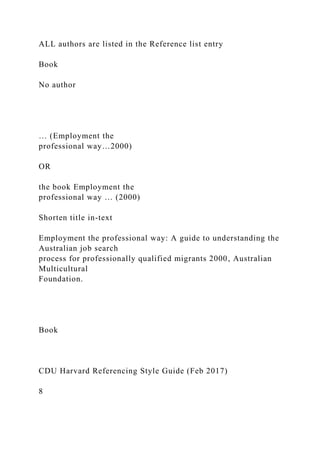 ALL authors are listed in the Reference list entry
Book
No author
… (Employment the
professional way…2000)
OR
the book Employment the
professional way … (2000)
Shorten title in-text
Employment the professional way: A guide to understanding the
Australian job search
process for professionally qualified migrants 2000, Australian
Multicultural
Foundation.
Book
CDU Harvard Referencing Style Guide (Feb 2017)
8
 