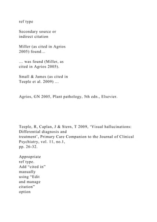 ref type
Secondary source or
indirect citation
Miller (as cited in Agrios
2005) found…
… was found (Miller, as
cited in Agrios 2005).
Small & James (as cited in
Teeple et al. 2009) …
Agrios, GN 2005, Plant pathology, 5th edn., Elsevier.
Teeple, R, Caplan, J & Stern, T 2009, ‘Visual hallucinations:
Differential diagnosis and
treatment’, Primary Care Companion to the Journal of Clinical
Psychiatry, vol. 11, no.1,
pp. 26-32.
Appropriate
ref type.
Add “cited in”
manually
using “Edit
and manage
citation”
option
 