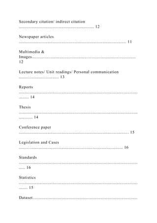 Secondary citation/ indirect citation
............................................................ 12
Newspaper articles
...................................................................................... 11
Multimedia &
Images...................................................................................
12
Lecture notes/ Unit readings/ Personal communication
................................ 13
Reports
...............................................................................................
........ 14
Thesis
...............................................................................................
........... 14
Conference paper
........................................................................................ 15
Legislation and Cases
................................................................................... 16
Standards
...............................................................................................
..... 16
Statistics
...............................................................................................
....... 15
Dataset....................................................................................
 
