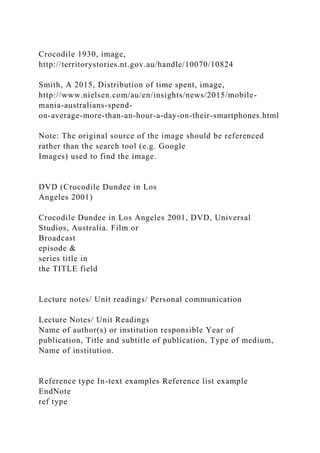 Crocodile 1930, image,
http://territorystories.nt.gov.au/handle/10070/10824
Smith, A 2015, Distribution of time spent, image,
http://www.nielsen.com/au/en/insights/news/2015/mobile-
mania-australians-spend-
on-average-more-than-an-hour-a-day-on-their-smartphones.html
Note: The original source of the image should be referenced
rather than the search tool (e.g. Google
Images) used to find the image.
DVD (Crocodile Dundee in Los
Angeles 2001)
Crocodile Dundee in Los Angeles 2001, DVD, Universal
Studios, Australia. Film or
Broadcast
episode &
series title in
the TITLE field
Lecture notes/ Unit readings/ Personal communication
Lecture Notes/ Unit Readings
Name of author(s) or institution responsible Year of
publication, Title and subtitle of publication, Type of medium,
Name of institution.
Reference type In-text examples Reference list example
EndNote
ref type
 