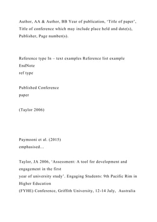 Author, AA & Author, BB Year of publication, ‘Title of paper’,
Title of conference which may include place held and date(s),
Publisher, Page number(s).
Reference type In – text examples Reference list example
EndNote
ref type
Published Conference
paper
(Taylor 2006)
Paymooni et al. (2015)
emphasised…
Taylor, JA 2006, ‘Assessment: A tool for development and
engagement in the first
year of university study’. Engaging Students: 9th Pacific Rim in
Higher Education
(FYHE) Conference, Griffith University, 12-14 July, Australia
 