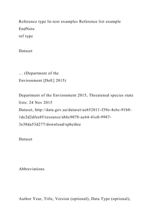 Reference type In-text examples Reference list example
EndNote
ref type
Dataset
… (Department of the
Environment [DoE] 2015)
Department of the Environment 2015, Threatened species state
lists: 24 Nov 2015
Dataset, http://data.gov.au/dataset/ae652011-f39e-4c6c-91b8-
1dc2d2dfee8f/resource/ab6c9078-ac64-41e0-9987-
3e38da53d277/download/epbcthre
Dataset
Abbreviations
Author Year, Title, Version (optional), Data Type (optional),
 