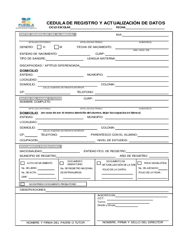 Hoja de actualización de datos sep
