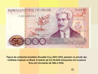 22
Figura do sanitarista brasileiro Oswaldo Cruz (1872-1917), pioneiro no estudo das
moléstias tropicais no Brasil. A cédula de Cr$ 50.000 (cinquenta mil cruzeiros)
ficou em circulação de 1984 a 1990.
 