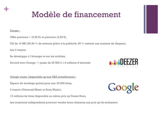 Usages et pratiques  Musique :  Site internet :   Deezer : 2007, accord 3 Majors – env. 10 millions d’inscrits- gratuit, premium et premium +,  