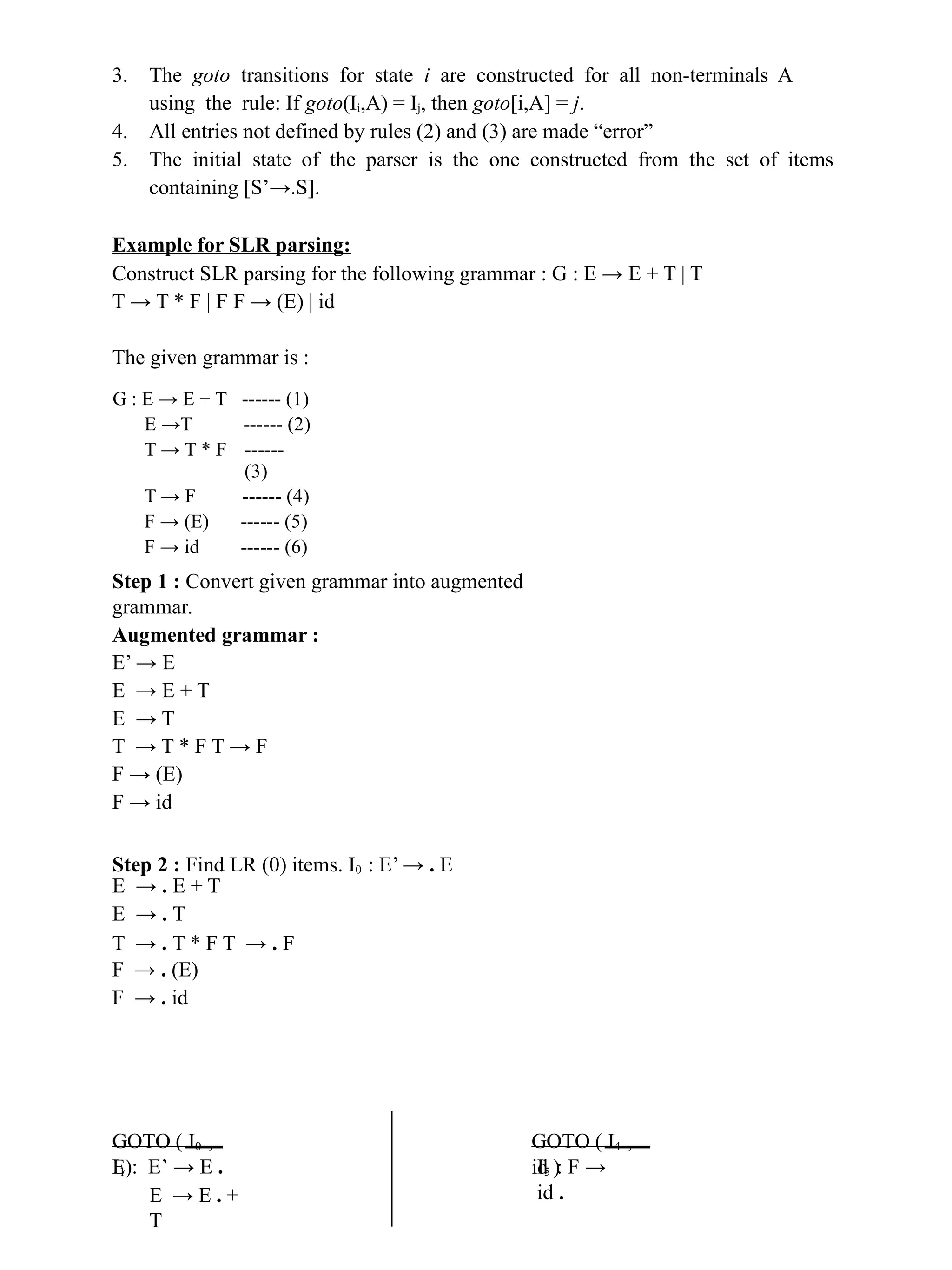 3. The goto transitions for state i are constructed for all non-terminals A
using the rule: If goto(Ii,A) = Ij, then goto[i,A] = j.
4. All entries not defined by rules (2) and (3) are made “error”
5. The initial state of the parser is the one constructed from the set of items
containing [S’→.S].
Example for SLR parsing:
Construct SLR parsing for the following grammar : G : E → E + T | T
T → T * F | F F → (E) | id
The given grammar is :
Step 1 : Convert given grammar into augmented
grammar.
Augmented grammar :
E’ → E
E → E + T
E → T
T → T * F T → F
F → (E)
F → id
Step 2 : Find LR (0) items. I0 : E’ → . E
E → . E + T
E → . T
T → . T * F T → . F
F → . (E)
F → . id
GOTO ( I0 ,
E)
GOTO ( I4 ,
id )
I1 : E’ → E .
E → E . +
T
I5 : F →
id .
G : E → E + T ------ (1)
E →T ------ (2)
T → T * F ------
(3)
T → F ------ (4)
F → (E) ------ (5)
F → id ------ (6)
 