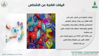 11
‫إلى‬ ‫شير‬
ُ
‫ن‬ ،‫البشر‬ ‫من‬ ‫المولدة‬ ‫البيانات‬
‫التواص‬ ‫وسائل‬ ‫بيانات‬ ‫من‬ ‫الهائل‬ ‫الكم‬‫ل‬
‫والتغر‬ ‫والتحديثات‬ ‫والحاالت‬ ‫االجتماعي‬‫يدات‬
‫ت‬ ‫البيانات‬ ‫هذه‬ ‫معظم‬ ،‫والوسائط‬ ‫والصور‬‫كون‬
‫منظمة‬ ‫غير‬.
(‫من‬80%‫إلى‬90%‫من‬‫جميع‬‫البيانات‬‫ف‬‫ي‬
‫العالم‬‫تكون‬‫غير‬‫مهيكلة‬‫وغالبا‬‫تك‬‫ون‬
‫من‬‫هذه‬‫الفئة‬)
 