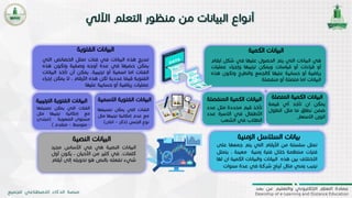 6
‫البيانات‬‫النصية‬‫هي‬‫في‬‫األساس‬‫م‬‫جرد‬
‫كلمات‬.‫في‬‫كثير‬‫من‬‫األحيان‬،‫يكو‬‫ن‬‫أول‬
‫شيء‬‫تفعله‬‫بالنص‬‫هو‬‫تحويله‬‫إلى‬‫أرقام‬
‫الكمية‬ ‫البيانات‬
‫هي‬‫البيانات‬‫التي‬‫يتم‬‫الحصول‬‫عليها‬‫في‬‫ش‬‫كل‬‫ارقام‬
‫أو‬‫اءات‬‫ر‬‫ق‬‫أو‬‫قياسات‬‫ويمكن‬‫ترتيبها‬‫اء‬‫ر‬‫وإج‬‫عمل‬‫يات‬
‫رياضية‬‫أو‬‫حسابية‬‫عليها‬‫كالجمع‬‫والطرح‬‫وتكون‬‫هذه‬
‫البيانات‬‫اما‬‫متصلة‬‫أو‬‫منفصلة‬
.
‫الزمنية‬ ‫السالسل‬ ‫بيانات‬
‫تمثل‬‫سلسلة‬‫من‬‫األرقام‬‫التي‬‫يتم‬‫جمع‬‫ها‬‫على‬
‫ات‬‫ر‬‫فت‬‫منتظمة‬‫خالل‬‫فترة‬‫زمنية‬‫معينة‬.‫يتمثل‬
‫االختالف‬‫بين‬‫هذه‬‫البيانات‬‫والبيانات‬‫ال‬‫كمية‬‫ان‬‫لها‬
‫ترتيب‬‫زمني‬‫مثال‬‫أرباح‬‫شركة‬‫في‬‫عدة‬‫س‬‫نوات‬
‫الفئات‬‫التي‬‫يمكن‬‫تص‬‫نيفها‬
‫مع‬‫إمكانية‬‫ترتيبها‬‫مثل‬
‫مستوى‬‫الصعوبة‬(‫مبت‬‫دئ‬
-‫متوسط‬–‫متقدم‬)
‫المت‬ ‫الكمية‬ ‫البيانات‬‫صلة‬
.
‫المنف‬ ‫الكمية‬ ‫البيانات‬‫صلة‬
‫تأخذ‬‫قيم‬‫محددة‬‫مثل‬‫عد‬‫د‬
‫األطفال‬‫في‬‫االسرة‬‫عدد‬
‫الطالب‬‫في‬‫الشعب‬
‫الفئوية‬ ‫البيانات‬
‫تندرج‬‫هذه‬‫البيانات‬‫في‬‫فئات‬‫تمثل‬‫الخصائ‬‫ص‬‫التي‬
‫يمكن‬‫حصرها‬‫في‬‫عدة‬‫أوجه‬‫وصفية‬‫وتكون‬‫هذه‬
‫الفئات‬‫اما‬‫اسمية‬‫أو‬‫ترتيبية‬.‫يمكن‬‫أن‬‫تأ‬‫خذ‬‫البيانات‬
‫الفئوية‬‫ا‬
ً
‫قيم‬‫عددية‬‫لكن‬‫هذه‬‫األرقام‬،‫ال‬‫يم‬‫كن‬‫اء‬‫ر‬‫إج‬
‫عمليات‬‫رياضية‬‫أو‬‫حسابية‬‫عليها‬
‫الفئات‬‫التي‬‫يمكن‬‫تص‬‫نيفها‬
‫مع‬‫عدم‬‫إمكانية‬‫ترتيبه‬‫ا‬‫مثل‬
‫نوع‬‫الجنس‬(‫ذكر‬–‫انثى‬)
‫يمكن‬‫ان‬‫تأخذ‬‫أي‬‫قيمة‬
‫ضمن‬‫نطاق‬‫ما‬‫مثل‬‫الطول‬
‫الوزن‬‫االسعار‬
‫الترتيب‬ ‫الفئوية‬ ‫البيانات‬‫ية‬ ‫االسمية‬ ‫الفئوية‬ ‫البيانات‬
‫النصية‬ ‫البيانات‬
 