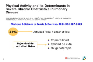 Medicine & Science in Sports & Exercise. 2004;36:1667-1673 34% Actividad física < andar 15’/día Comorbilidad Calidad de vida Oxigenoterapia Bajo nivel de actividad física 