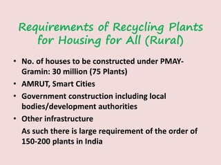 Requirements of Recycling Plants
for Housing for All (Rural)
• No. of houses to be constructed under PMAY-
Gramin: 30 million (75 Plants)
• AMRUT, Smart Cities
• Government construction including local
bodies/development authorities
• Other infrastructure
As such there is large requirement of the order of
150-200 plants in India
 