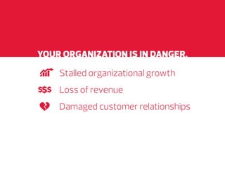 YOUR ORGANIZATION IS IN DANGER.
Stalled organizational growth
$$$

Loss of revenue
Damaged customer relationships

 