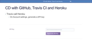 CD with GitHub, Travis CI and Heroku
• Travis call Heroku
• On Account settings, generate a API key
14CD with GitHub, Travis CI and Heroku
 