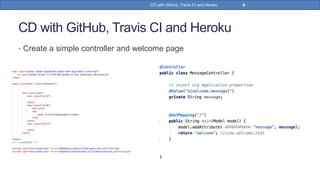 CD with GitHub, Travis CI and Heroku
• Create a simple controller and welcome page
4CD with GitHub, Travis CI and Heroku
 