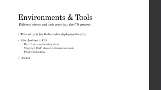 Environments & Tools
• This setup is for Kubernetes deployments only.
• K8s clusters in CD
 Dev: 1 per engineering team
 Staging / UAT: shared organisation wide
 Prod: Production.
• Docker
Different pieces and tools come into the CD process.
 