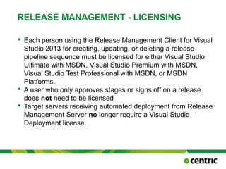 RELEASE MANAGEMENT - LICENSING
• Each person using the Release Management Client for Visual
Studio 2013 for creating, updating, or deleting a release
pipeline sequence must be licensed for either Visual Studio
Ultimate with MSDN, Visual Studio Premium with MSDN,
Visual Studio Test Professional with MSDN, or MSDN
Platforms.
• A user who only approves stages or signs off on a release
does not need to be licensed
• Target servers receiving automated deployment from Release
Management Server no longer require a Visual Studio
Deployment license.
February 24, 2015TITLE PRESENTATION
 