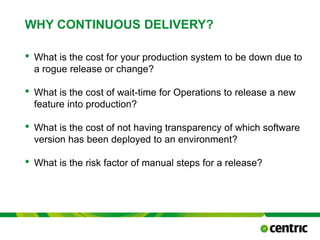 WHY CONTINUOUS DELIVERY?
• What is the cost for your production system to be down due to
a rogue release or change?
• What is the cost of wait-time for Operations to release a new
feature into production?
• What is the cost of not having transparency of which software
version has been deployed to an environment?
• What is the risk factor of manual steps for a release?
TITLE PRESENTATION February 24, 2015
 
