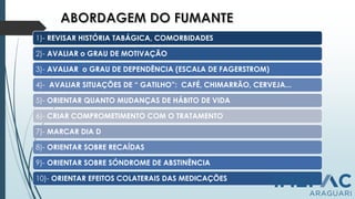 1)- REVISAR HISTÓRIA TABÁGICA, COMORBIDADES
2)- AVALIAR o GRAU DE MOTIVAÇÃO
3)- AVALIAR o GRAU DE DEPENDÊNCIA (ESCALA DE FAGERSTROM)
4)- AVALIAR SITUAÇÕES DE “ GATILHO”: CAFÉ, CHIMARRÃO, CERVEJA...
5)- ORIENTAR QUANTO MUDANÇAS DE HÁBITO DE VIDA
6)- CRIAR COMPROMETIMENTO COM O TRATAMENTO
7)- MARCAR DIA D
8)- ORIENTAR SOBRE RECAÍDAS
9)- ORIENTAR SOBRE SÓNDROME DE ABSTINÊNCIA
10)- ORIENTAR EFEITOS COLATERAIS DAS MEDICAÇÕES
 