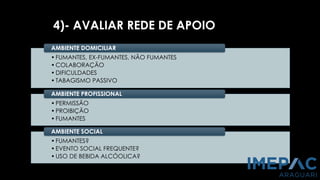 4)- AVALIAR REDE DE APOIO
•FUMANTES, EX-FUMANTES, NÃO FUMANTES
•COLABORAÇÃO
•DIFICULDADES
•TABAGISMO PASSIVO
AMBIENTE DOMICILIAR
•PERMISSÃO
•PROIBIÇÃO
•FUMANTES
AMBIENTE PROFISSIONAL
•FUMANTES?
•EVENTO SOCIAL FREQUENTE?
•USO DE BEBIDA ALCÓOLICA?
AMBIENTE SOCIAL
 
