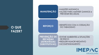 O QUE
FAZER?
•MANTER MUDANÇA
•AÇÕES PARA MANTER GANHOS e
PREVENIR RECAÍDAS
MANUTENÇÃO
•BENEFÍCIOS COM A CESSAÇÃO
DO TABAGISMO
REFORÇO
•EVITAR AMBIENTES e SITUAÇÕES
DE RISCO
•REDUZIR HUMOR NEGATIVO
•ACOMPANHAMENTO
PREVENÇÃO DE
RECAÍDAS
(ESTRATÉGIAS
SUBSTITUTIVAS)
 