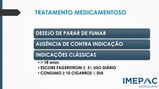 TRATAMENTO MEDICAMENTOSO
DESEJO DE PARAR DE FUMAR
AUSÊNCIA DE CONTRA INDICAÇÃO
INDICAÇÕES CLÁSSICAS
•> 18 anos
•ESCORE FAGERSTROM ≥ 5 USO DIÁRIO
•CONSUMO ≥ 10 CIGARROS  DIA
 